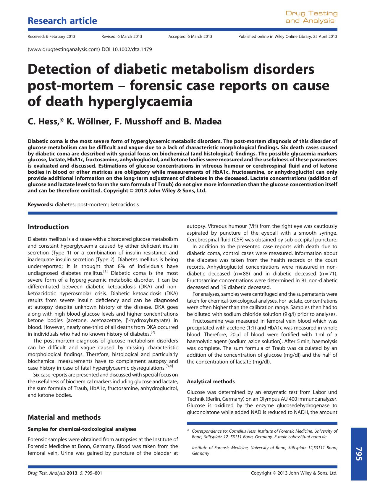 Detection of diabetic metabolism disorders postmortem forensic case reports on cause of death hyperglycaemia by Unknown