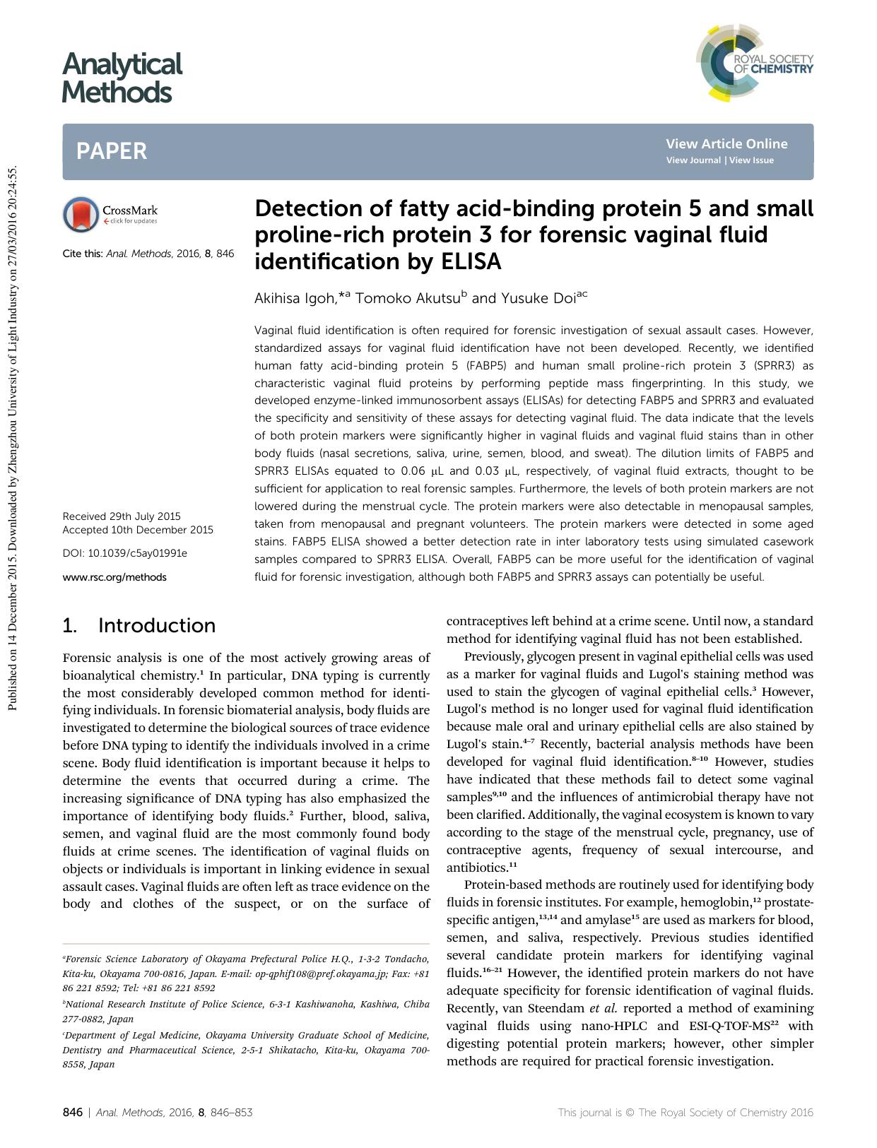 Detection of fatty acid-binding protein 5 and small proline-rich protein 3 for forensic vaginal fluid identification by ELISA by Akihisa Igoh & Tomoko Akutsu & Yusuke Doi