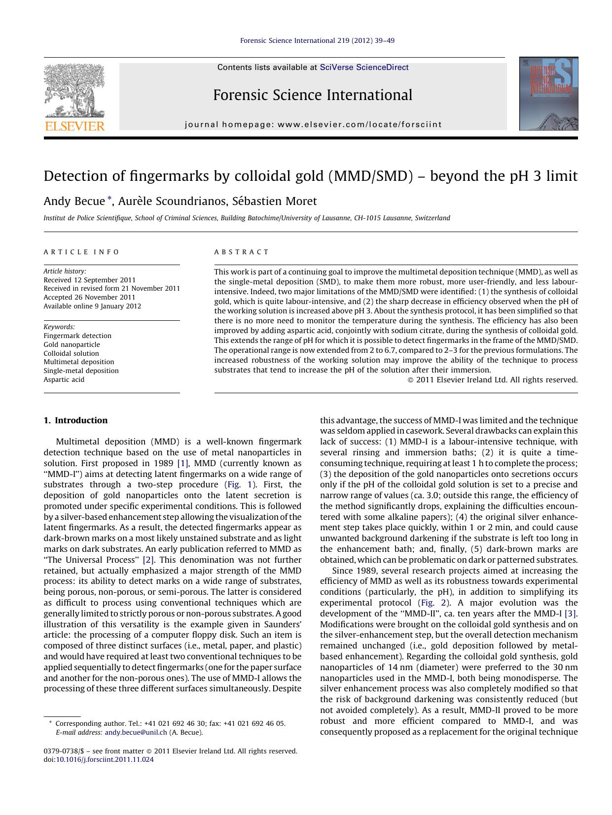 Detection of fingermarks by colloidal gold (MMDSMD) â beyond the pH 3 limit by Andy Becue