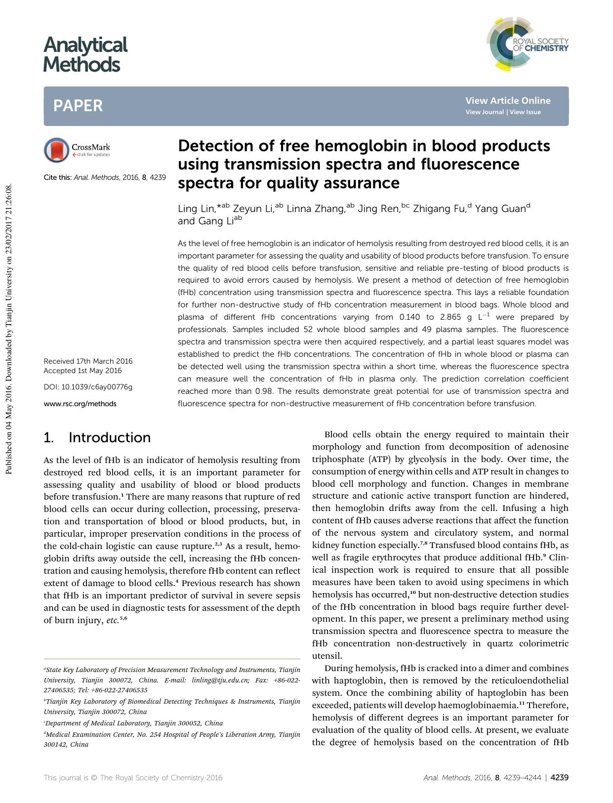 Detection of free hemoglobin in blood products using transmission spectra and fluorescence spectra for quality assurance by Ling Lin & Zeyun Li & Linna Zhang & Jing Ren & Zhigang Fu & Yang Guan & Gang Li