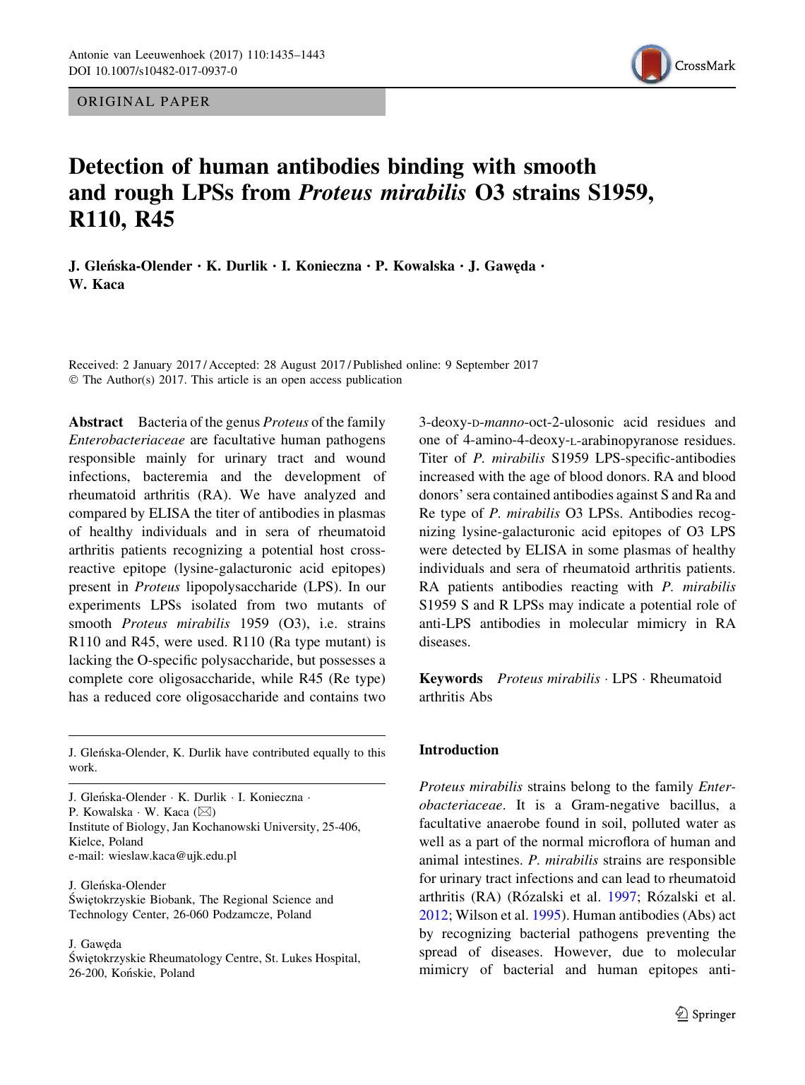 Detection of human antibodies binding with smooth and rough LPSs from Proteus mirabilis O3 strains S1959, R110, R45 by J. Glenska-Olender & K. Durlik & I. Konieczna & P. Kowalska & J. Gaweda & W. Kaca