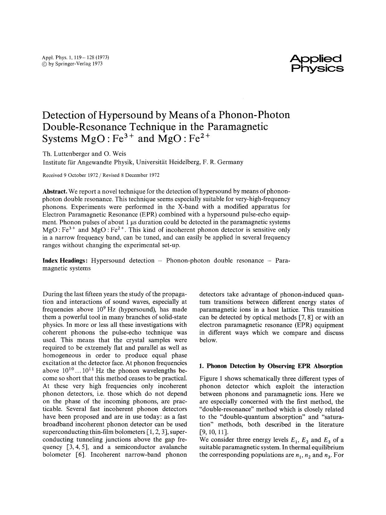 Detection of hypersound by means of a phonon-photon double-resonance technique in the paramagnetic systems MgO: Fe <Superscript>3&#x002B; <Superscript> and MgO: Fe <Superscript>2&#x002B; <Superscript> by Unknown