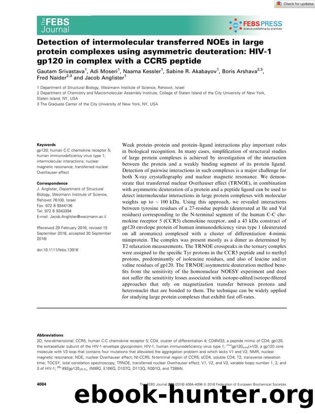 Detection of intermolecular transferred NOEs in large protein complexes using asymmetric deuteration: HIVâ1 gp120 in complex with a CCR5 peptide by Unknown