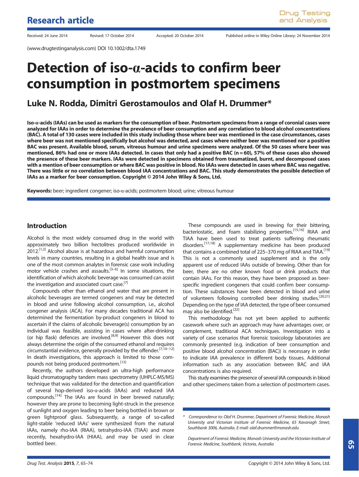 Detection of iso--acids to confirm beer consumption in postmortem specimens by Luke N. Rodda & Dimitri Gerostamoulos & Olaf H. Drummer