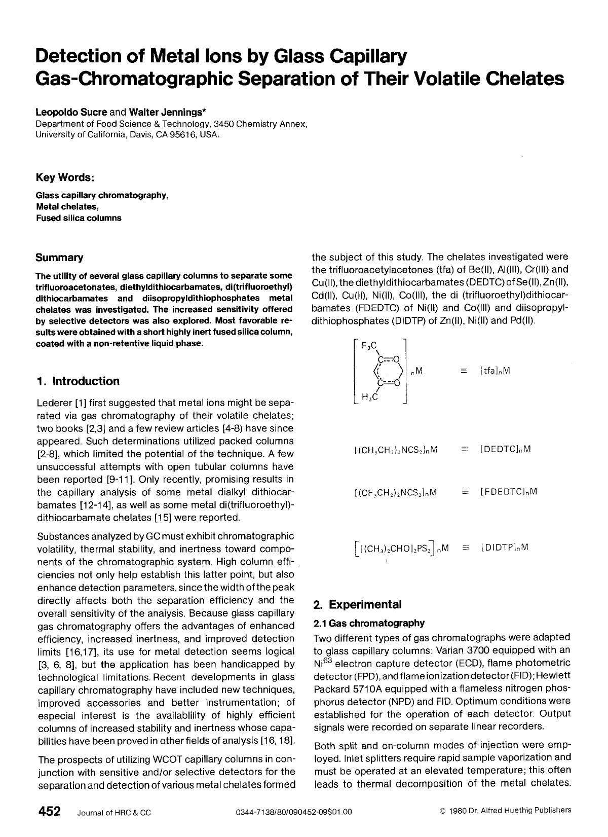 Detection of metal ions by glass capillary gas-chromatographic separation of their volatile chelates by Unknown