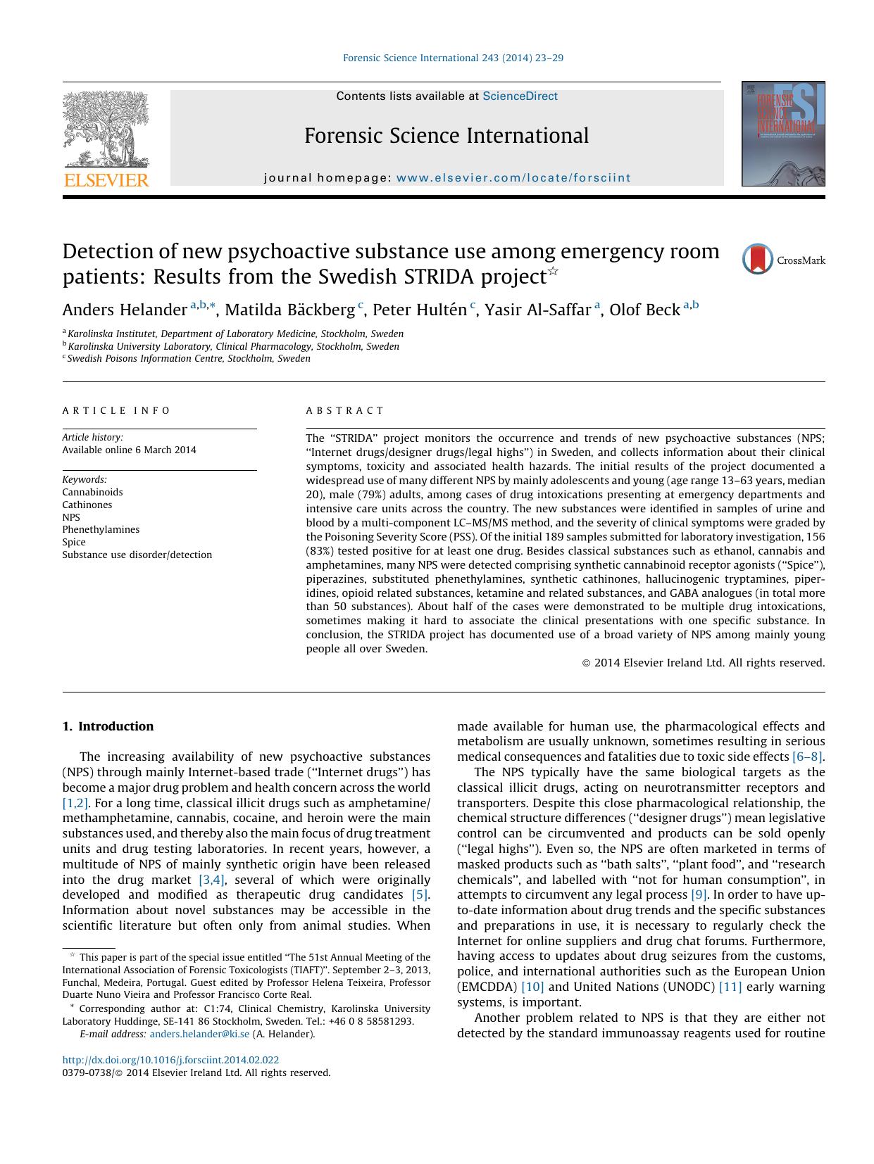 Detection of new psychoactive substance use among emergency room patients: Results from the Swedish STRIDA project by Anders Helander & Matilda Bäckberg & Peter Hultén & Yasir Al-Saffar & Olof Beck