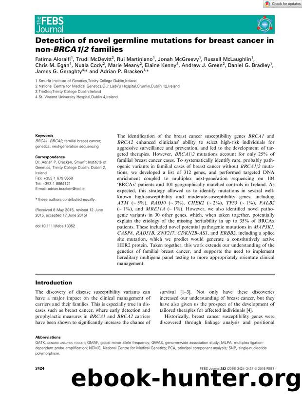 Detection of novel germline mutations for breast cancer in nonâBRCA12 families by Unknown