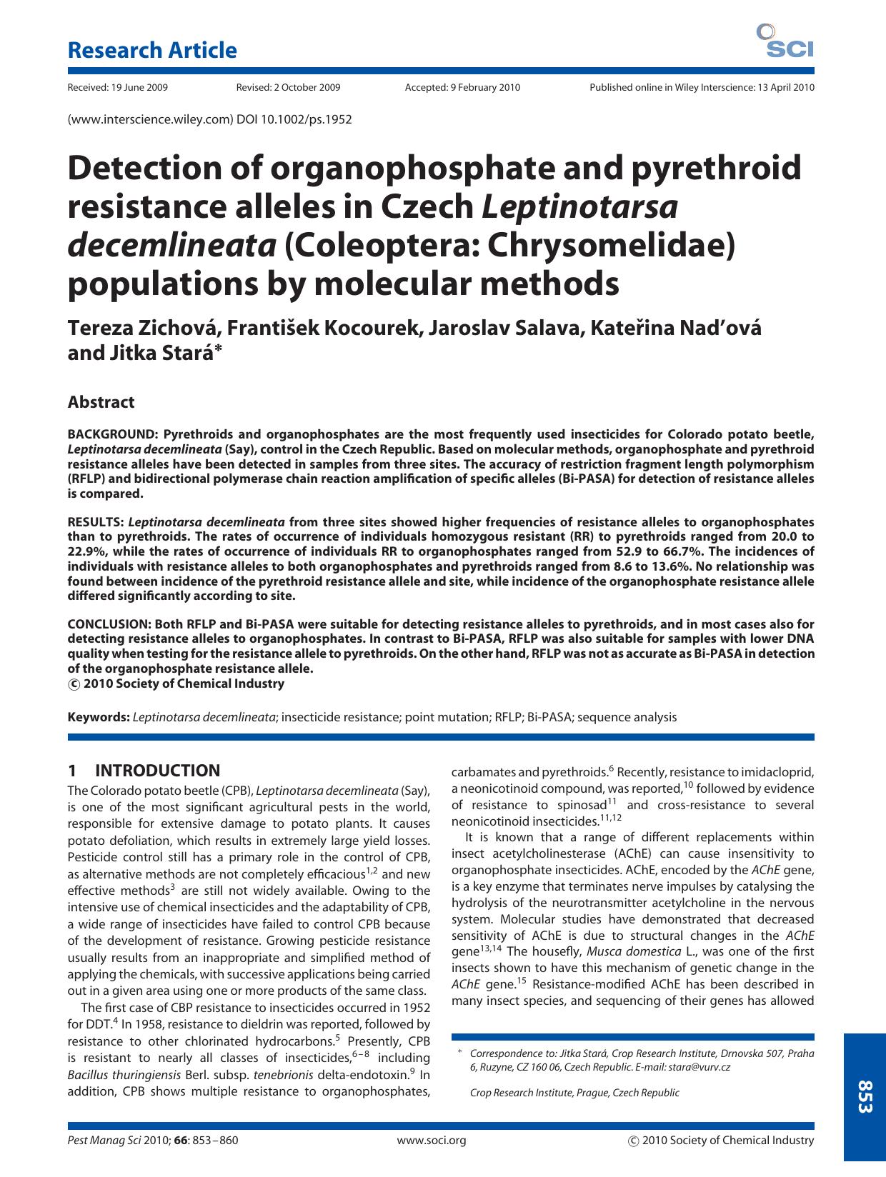 Detection of organophosphate and pyrethroid resistance alleles in Czech Leptinotarsa decemlineata (Coleoptera: Chrysomelidae) populations by molecular methods by Unknown