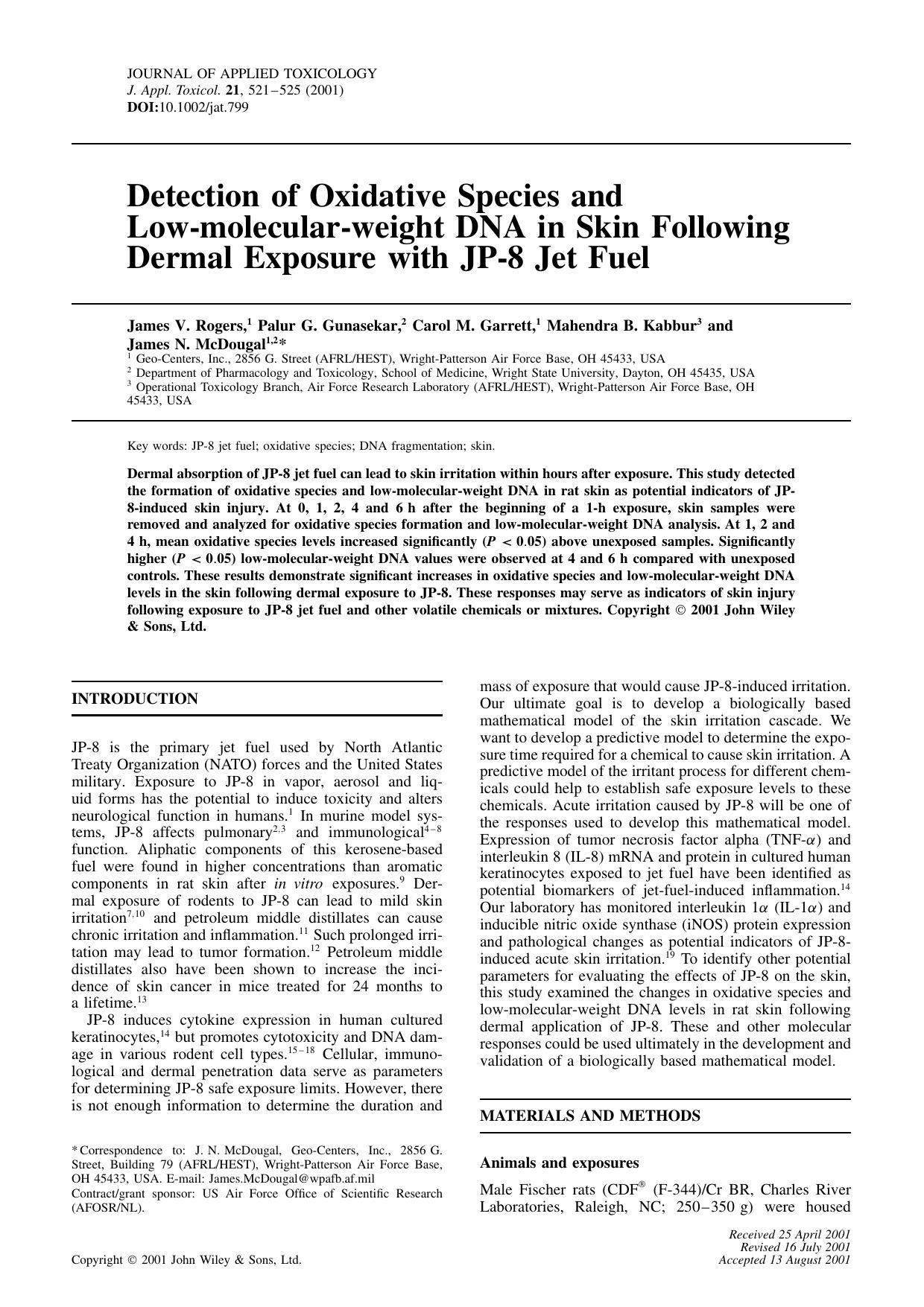 Detection of oxidative species and low-molecular-weight DNA in skin following dermal exposure with JP-8 jet fuel by Unknown