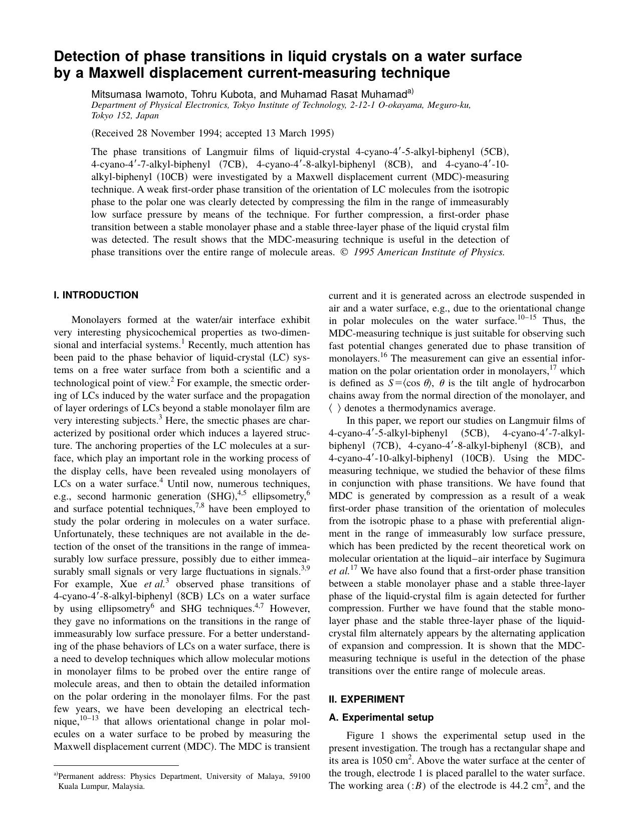 Detection of phase transitions in liquid crystals on a water surface by a Maxwell displacement current-measuring technique by Mitsumasa Iwamoto & Tohru Kubota & and Muhamad Rasat