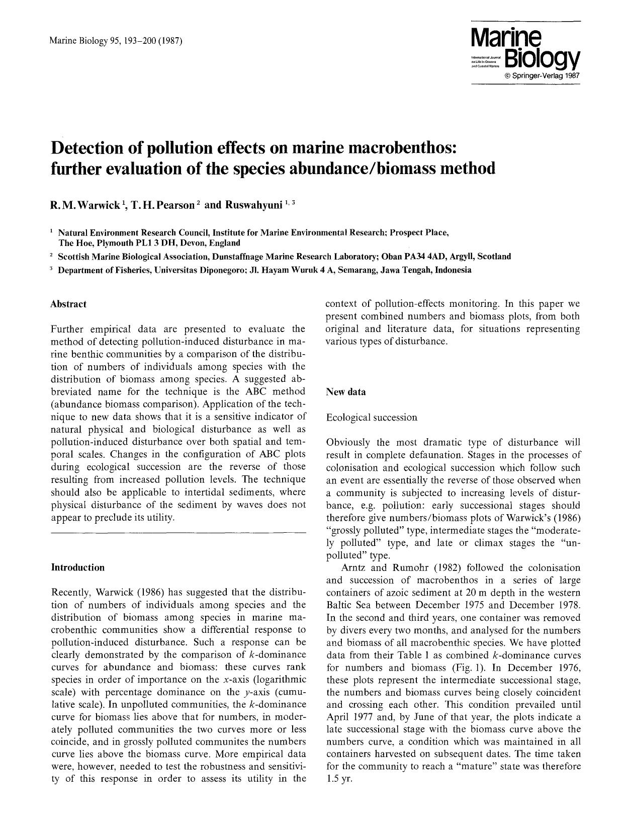 Detection of pollution effects on marine macrobenthos: further evaluation of the species abundancebiomass method by Unknown