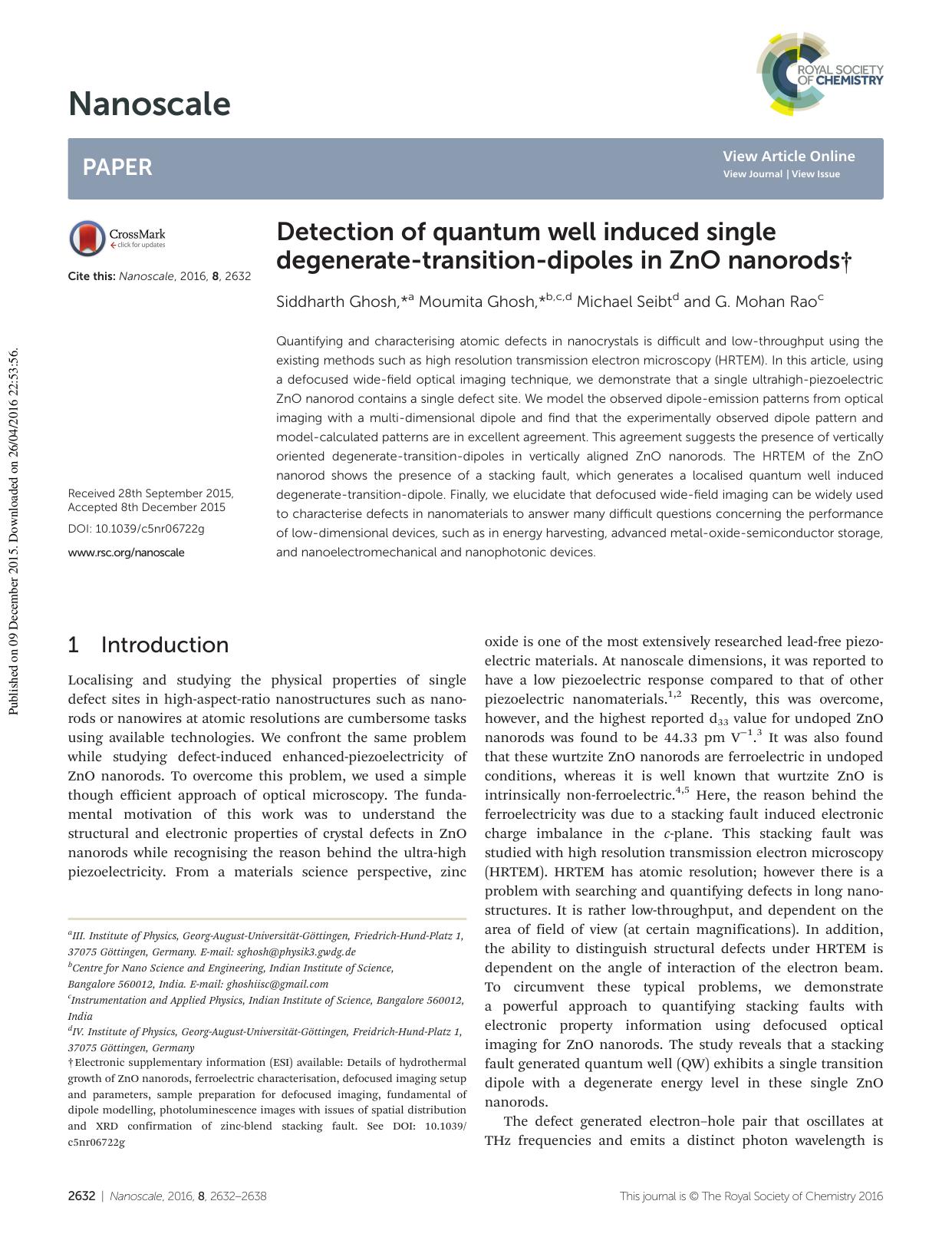 Detection of quantum well induced single degenerate-transition-dipoles in ZnO nanorods by Siddharth Ghosh Moumita Ghosh Michael Seibt G. Mohan Rao