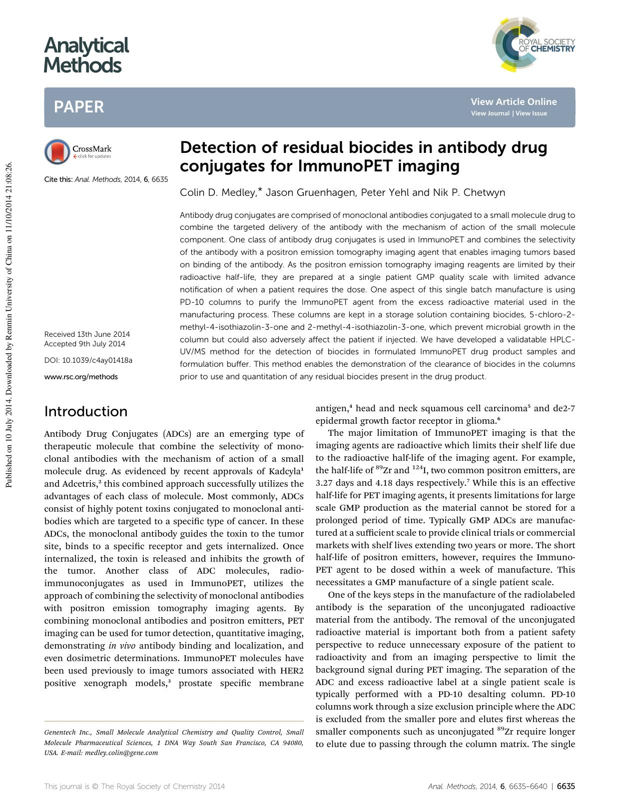 Detection of residual biocides in antibody drug conjugates for ImmunoPET imaging by Colin D. Medley & Jason Gruenhagen & Peter Yehl & Nik P. Chetwyn