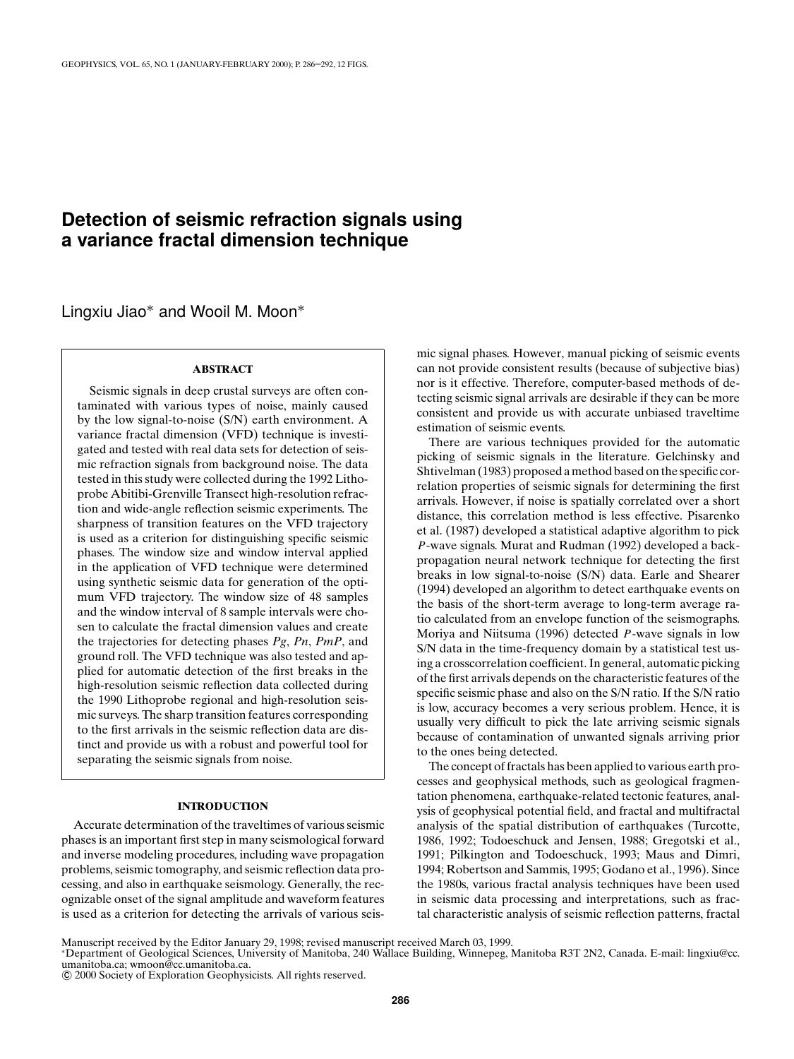 Detection of seismic refraction signals using a variance fractal dimension technique by L. Jiao W.M. Moon