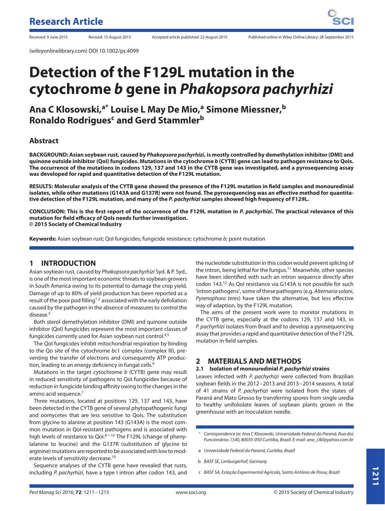 Detection of the F129L mutation in the cytochrome b gene in Phakopsora pachyrhizi by Unknown