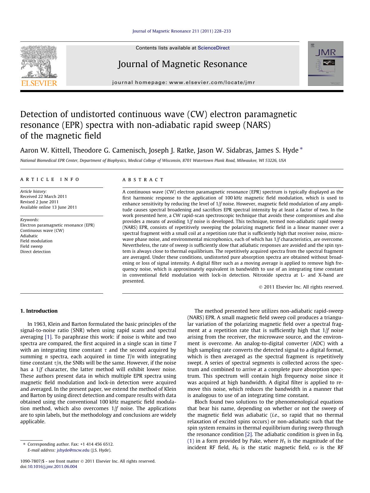 Detection of undistorted continuous wave (CW) electron paramagnetic resonance (EPR) spectra with non-adiabatic rapid sweep (NARS) of the magnetic field by Aaron W. Kittell & Theodore G. Camenisch & Joseph J. Ratke & Jason W. Sidabras & James S. Hyde