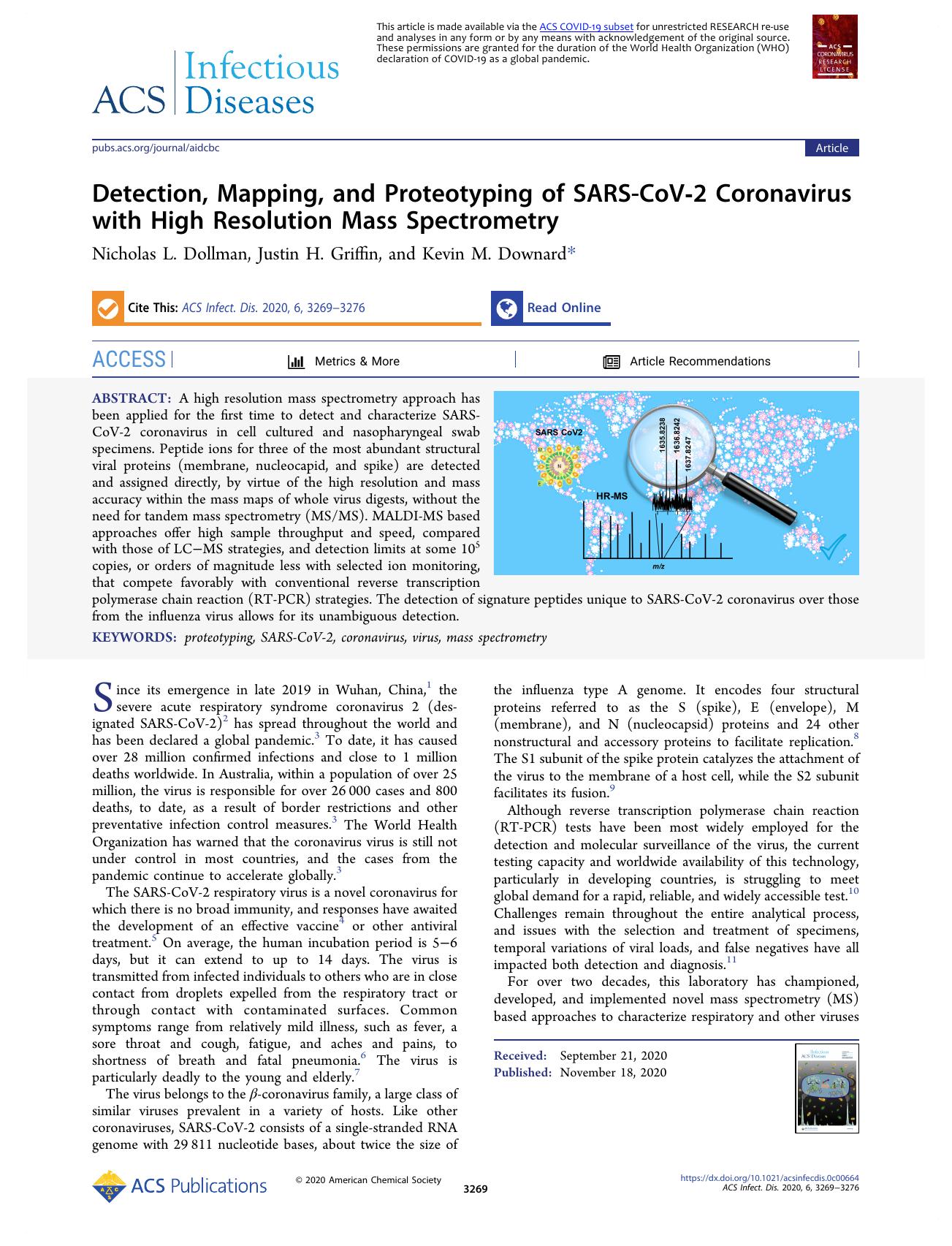 Detection, Mapping, and Proteotyping of SARS-CoV-2 Coronavirus with High Resolution Mass Spectrometry by Nicholas L. Dollman; Justin H. Griffin; Kevin M. Downard