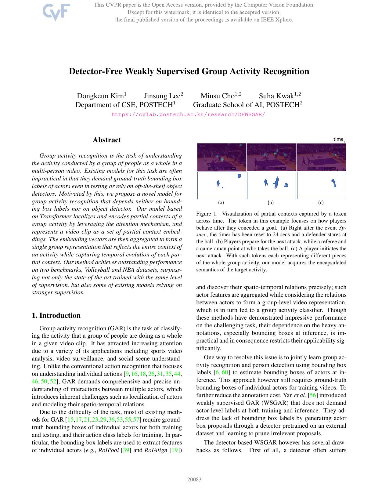 Detector-Free Weakly Supervised Group Activity Recognition by Dongkeun Kim & Jinsung Lee & Minsu Cho & Suha Kwak