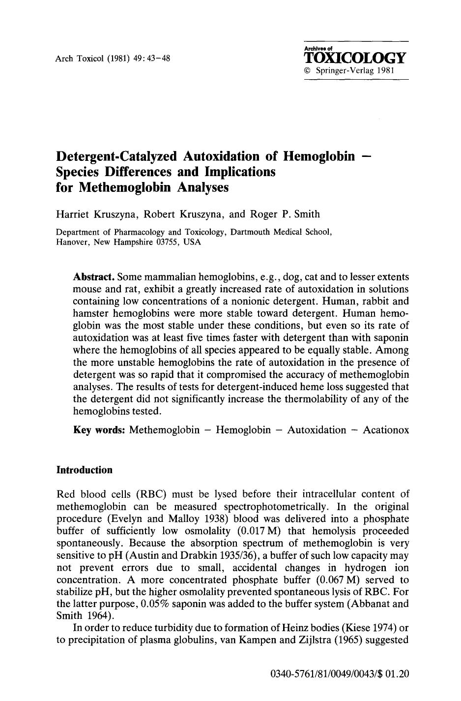 Detergent-catalyzed autoxidation of hemoglobin — species differences and implications for methemoglobin analyses by Unknown