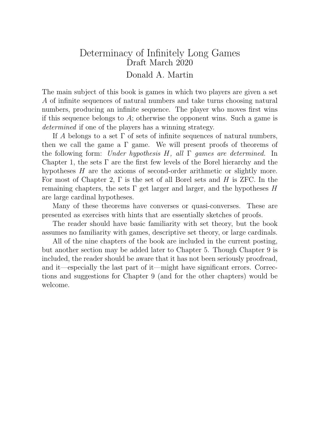 Determinacy of Infinitely Long Games (draft - March 2020) by Donald A. Martin