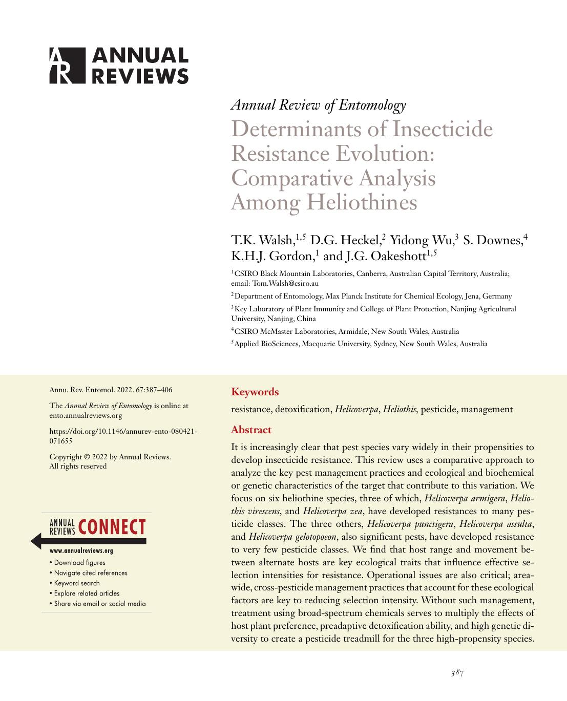 Determinants of Insecticide Resistance Evolution: Comparative Analysis Among Heliothines by T.K. Walsh D.G. Heckel Yidong Wu S. Downes K.H.J. Gordon J.G. Oakeshott