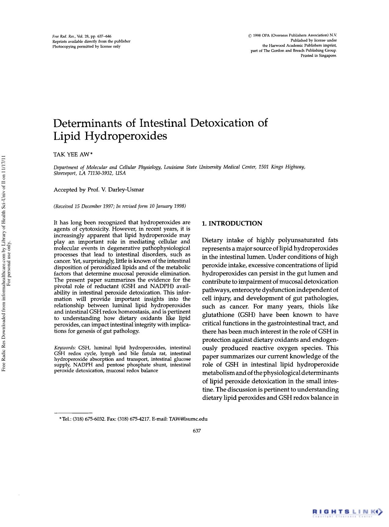 Determinants of Intestinal Detoxication of Lipid Hydroperoxides by Tak Yee Aw†