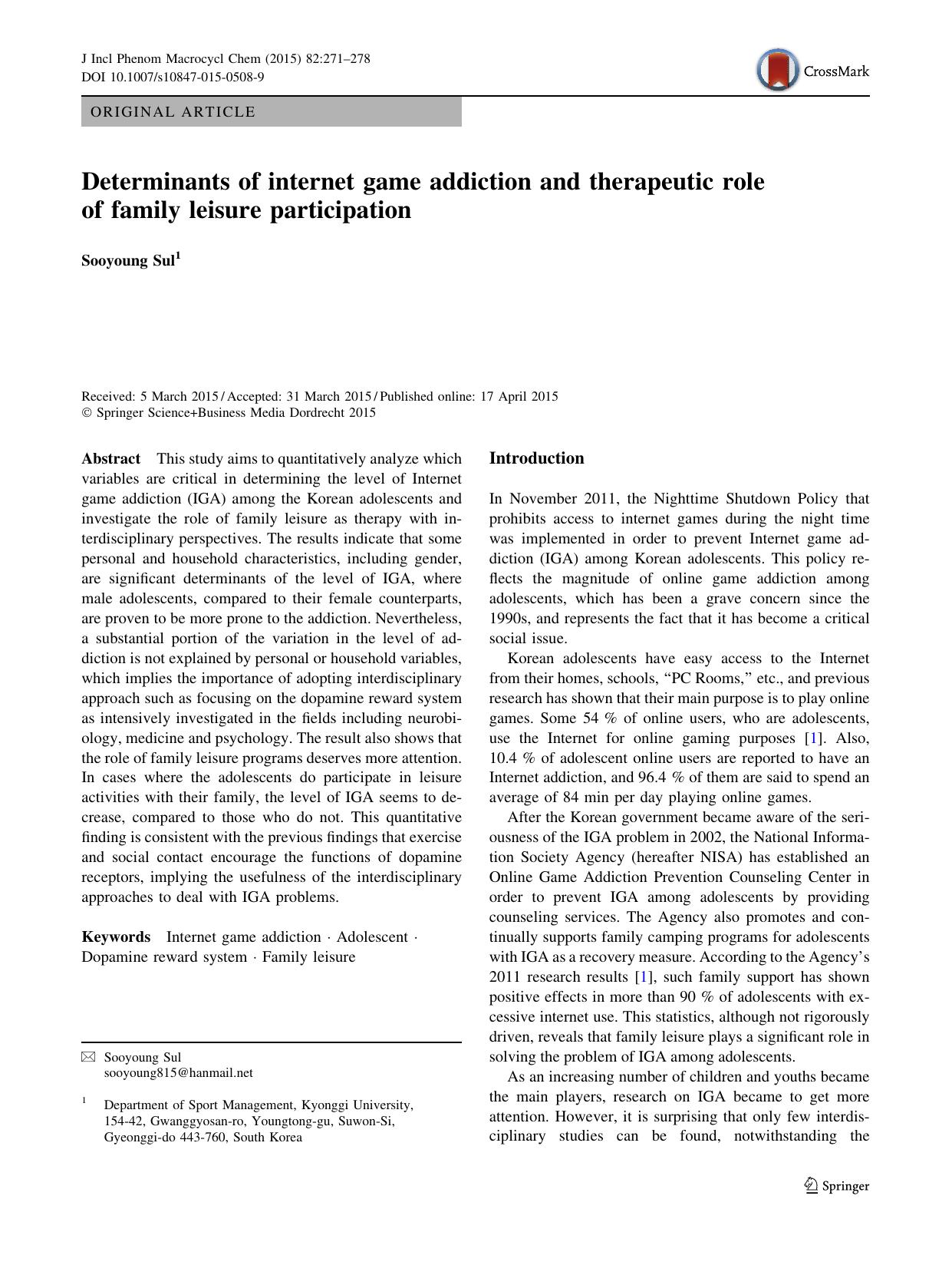 Determinants of internet game addiction and therapeutic role of family leisure participation by Sooyoung Sul