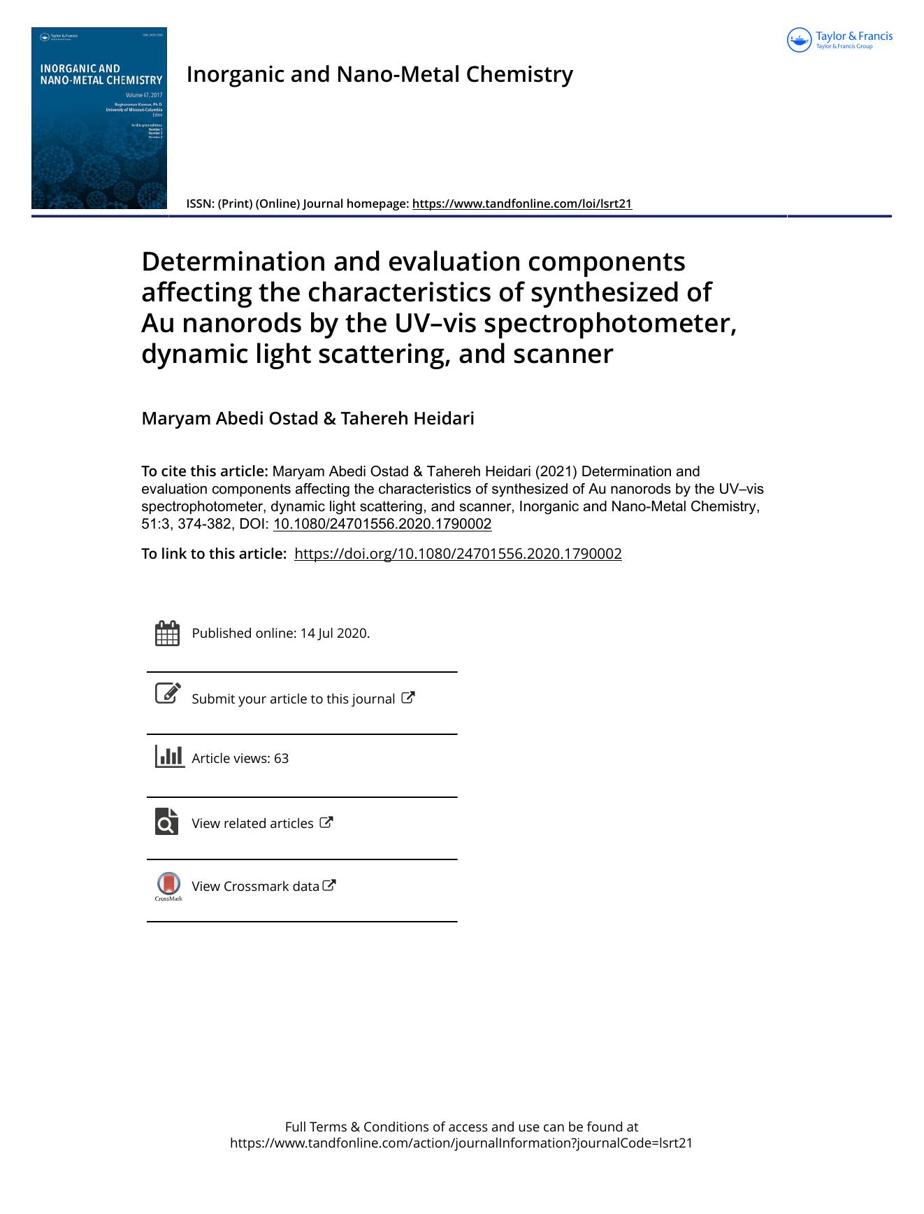 Determination and evaluation components affecting the characteristics of synthesized of Au nanorods by the UVâvis spectrophotometer, dynamic light scattering, and scanner by Ostad Maryam Abedi & Heidari Tahereh
