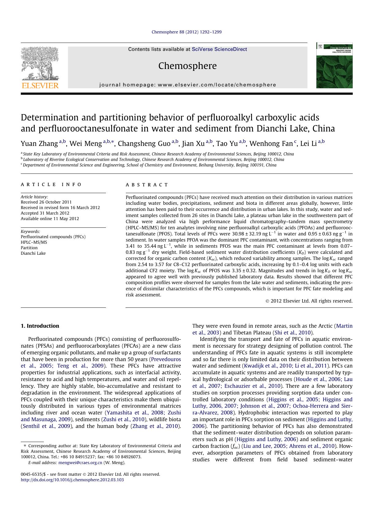 Determination and partitioning behavior of perfluoroalkyl carboxylic acids and perfluorooctanesulfonate in water and sediment from Dianchi Lake, China by Yuan Zhang & Wei Meng & Changsheng Guo & Jian Xu & Tao Yu & Wenhong Fan & Lei Li