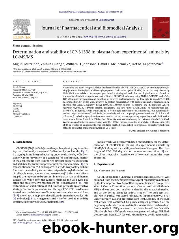 Determination and stability of CP-31398 in plasma from experimental animals by LC-MSMS by Miguel Muzzio