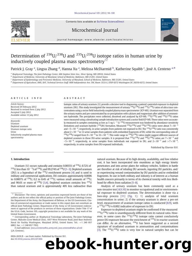 Determination of 236U238U and 235U238U isotope ratios in human urine by inductively coupled plasma mass spectrometry by Patrick J. Gray & Lingsu Zhang & Hanna Xu & Melissa McDiarmid & Katherine Squibb & José A. Centeno