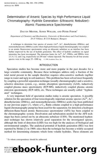 Determination of Arsenic Species by High-Performance Liquid Chromatography-Hydride Generation-(Ultrasonic Nebulizer)-Atomic Fluorescence Spectrometry by Mester Z. et al