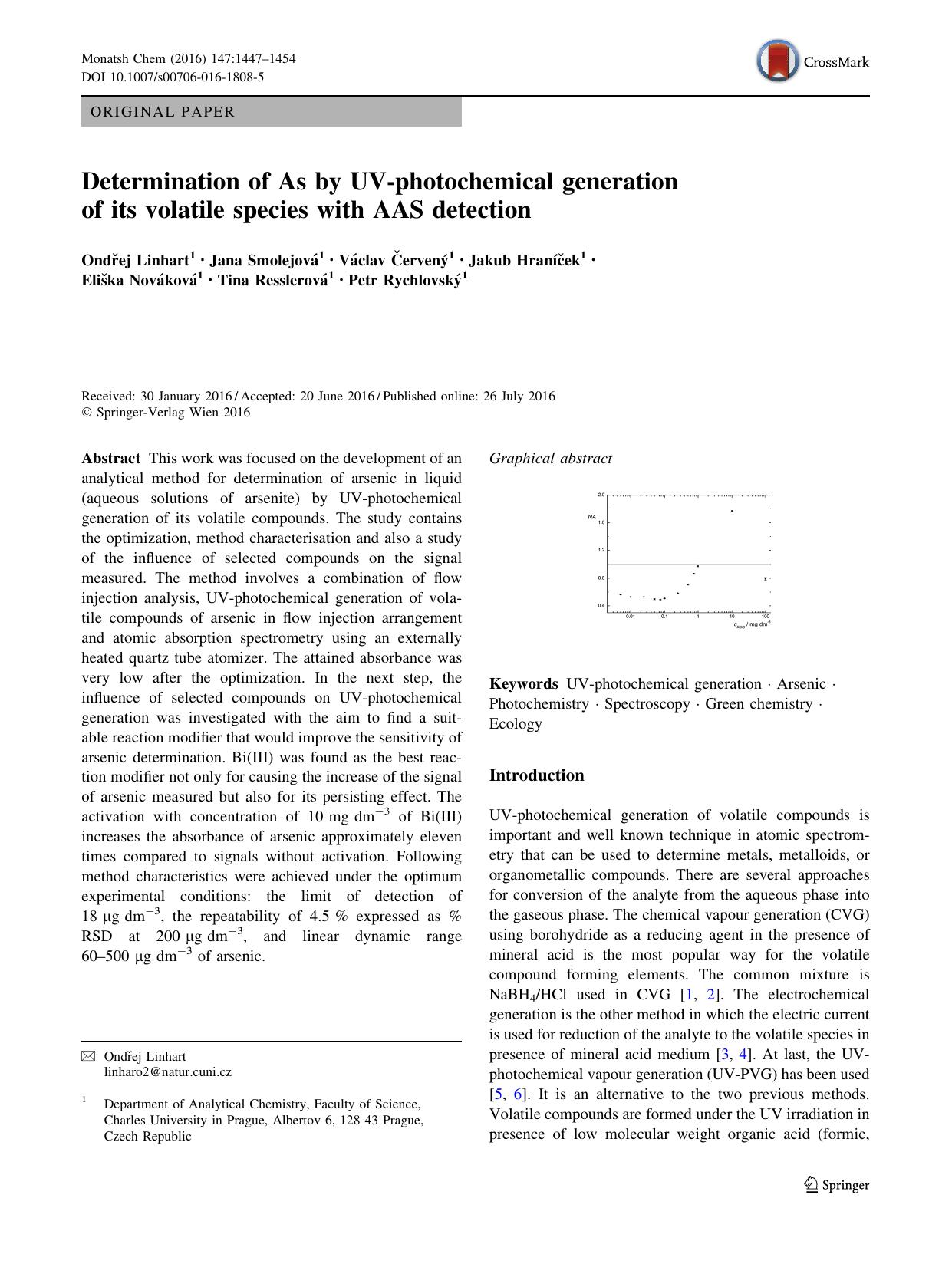 Determination of As by UV-photochemical generation of its volatile species with AAS detection by unknow