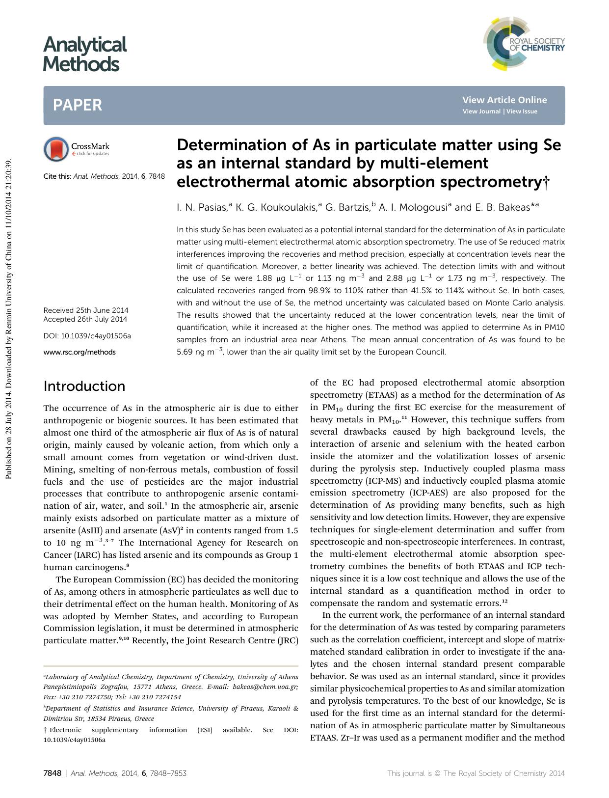 Determination of As in particulate matter using Se as an internal standard by multi-element electrothermal atomic absorption spectrometry by I. N. Pasias & K. G. Koukoulakis & G. Bartzis & A. I. Mologousi & E. B. Bakeas