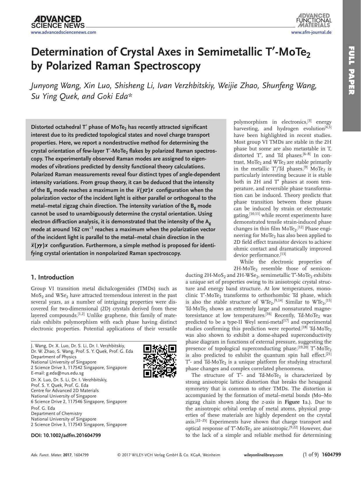 Determination of Crystal Axes in Semimetallic T′‐MoTe2 by Polarized Raman Spectroscopy by Unknown