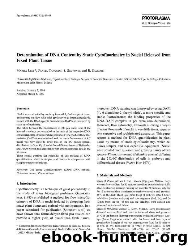 Determination of DNA content by static cytofluorimetry in nuclei released from fixed plant tissue by Unknown