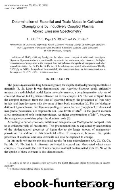 Determination of Essential and Toxic Metals in Cultivated Champignons by Inductively Coupled Plasma Atomic Emission Spectrometry by Racz L. et al