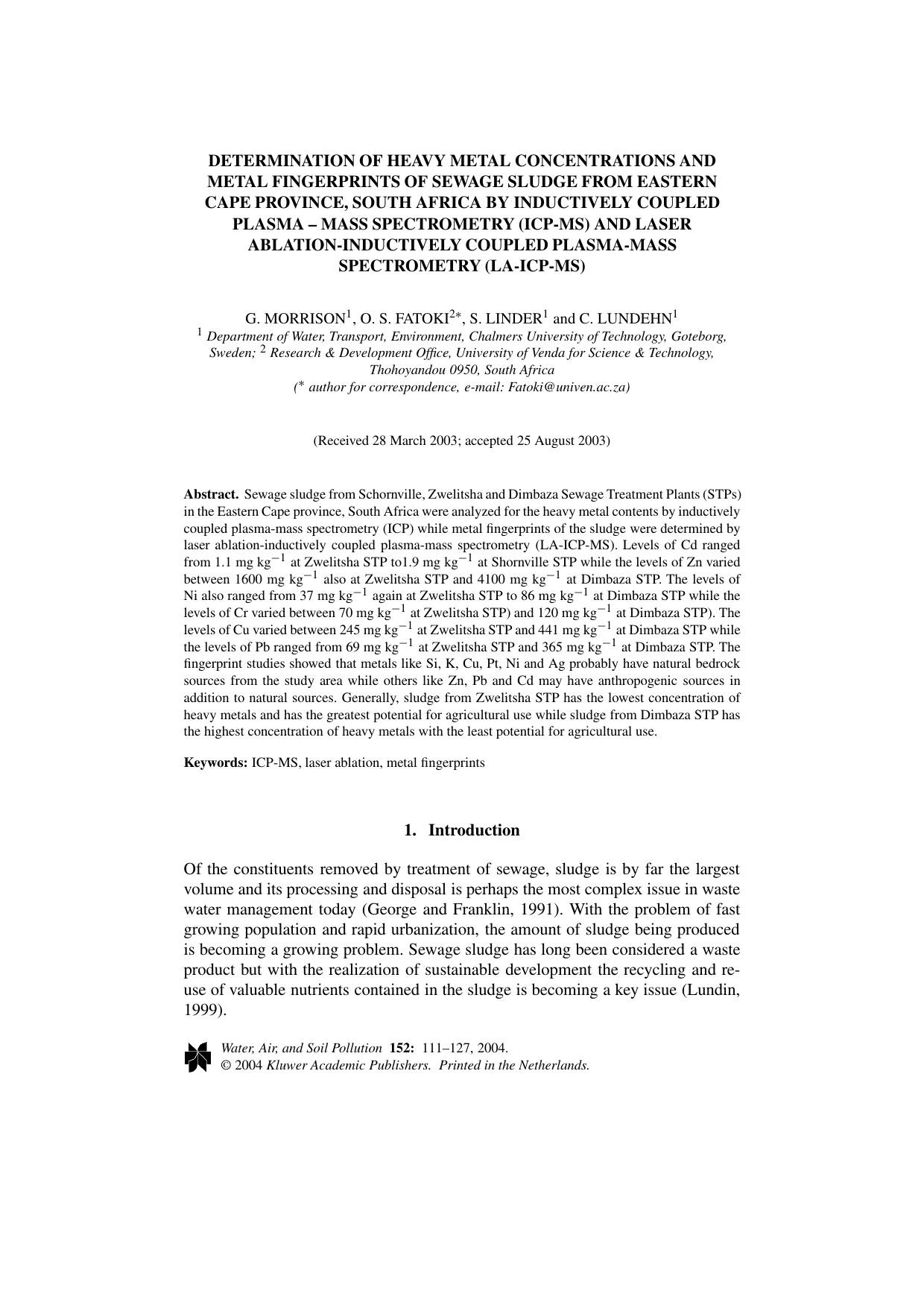 Determination of Heavy Metal Concentrations and Metal Fingerprints of Sewage Sludge from Eastern Cape Province, South Africa by Inductively Coupled Plasma &#x2013; Mass Spectrometr by Unknown