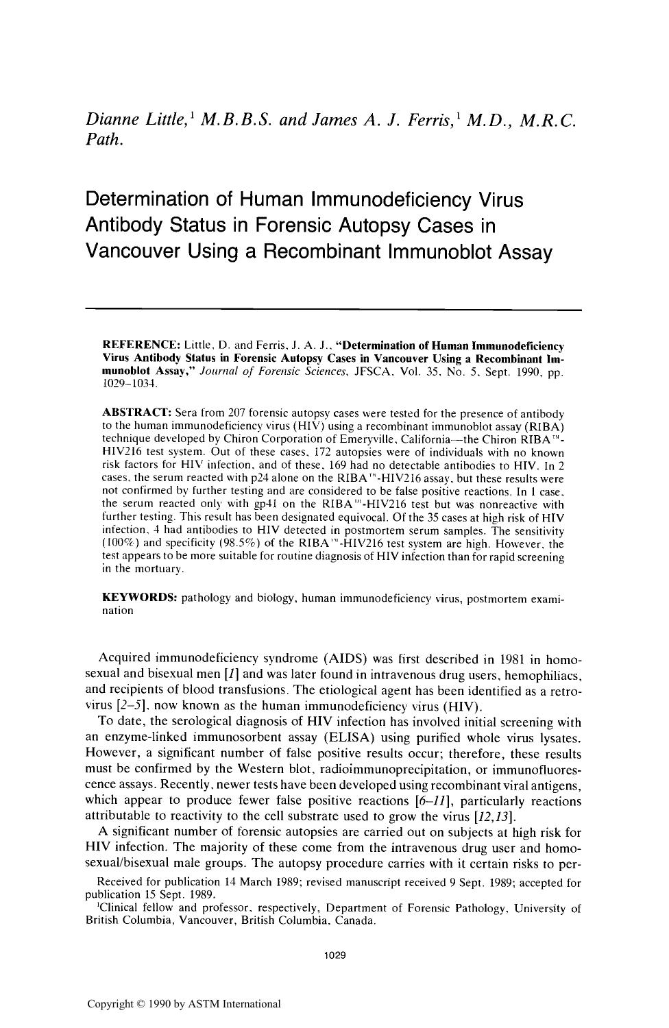 Determination of Human Immunodeficiency Virus Antibody Status in Forensic Autopsy Cases in Vancouver Using a Recombinant Immunoblot Assay by Little D Ferris JAJ