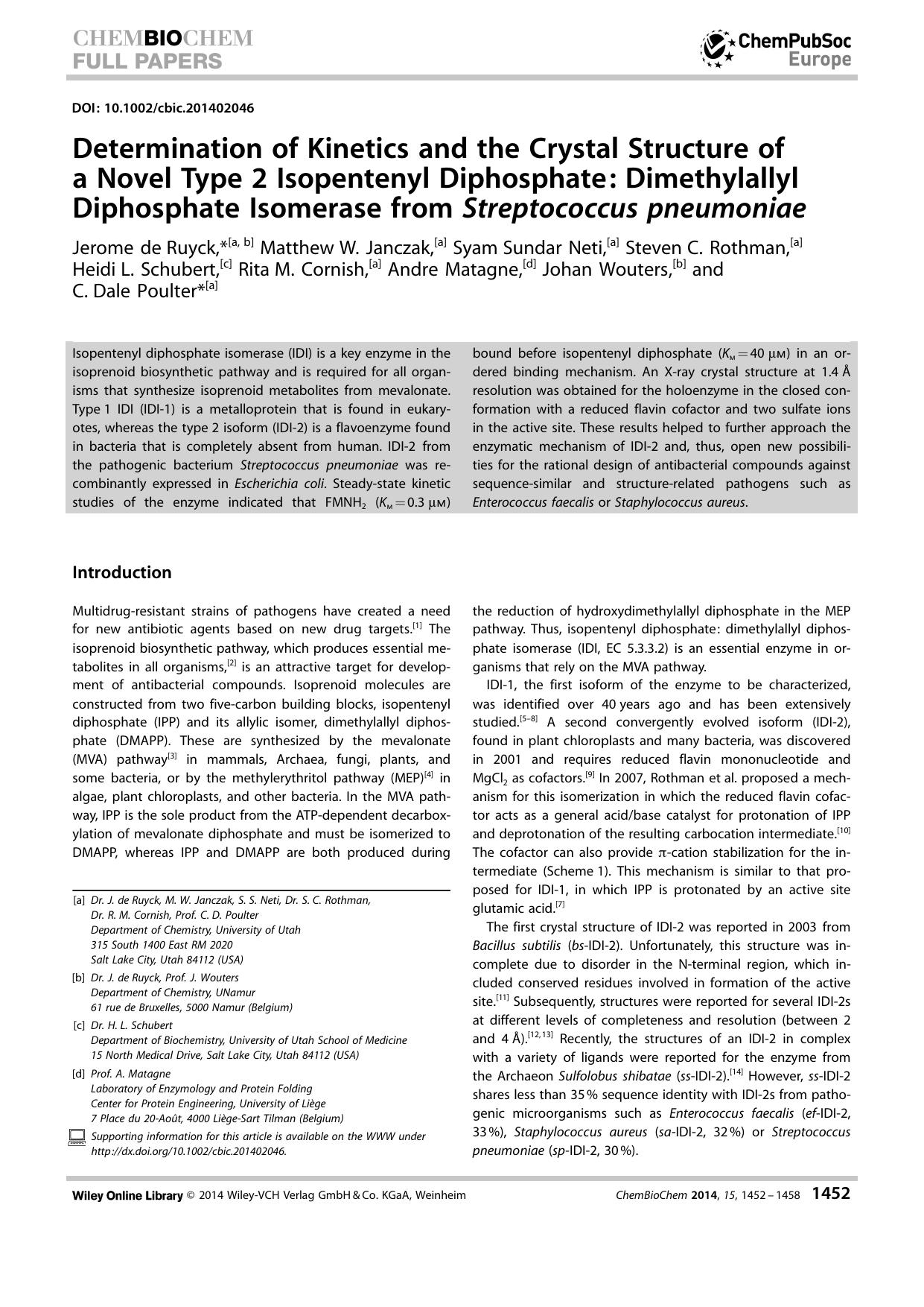 Determination of Kinetics and the Crystal Structure of a Novel Type 2 Isopentenyl Diphosphate: Dimethylallyl Diphosphate Isomerase from Streptococcus pneumoniae by Unknown
