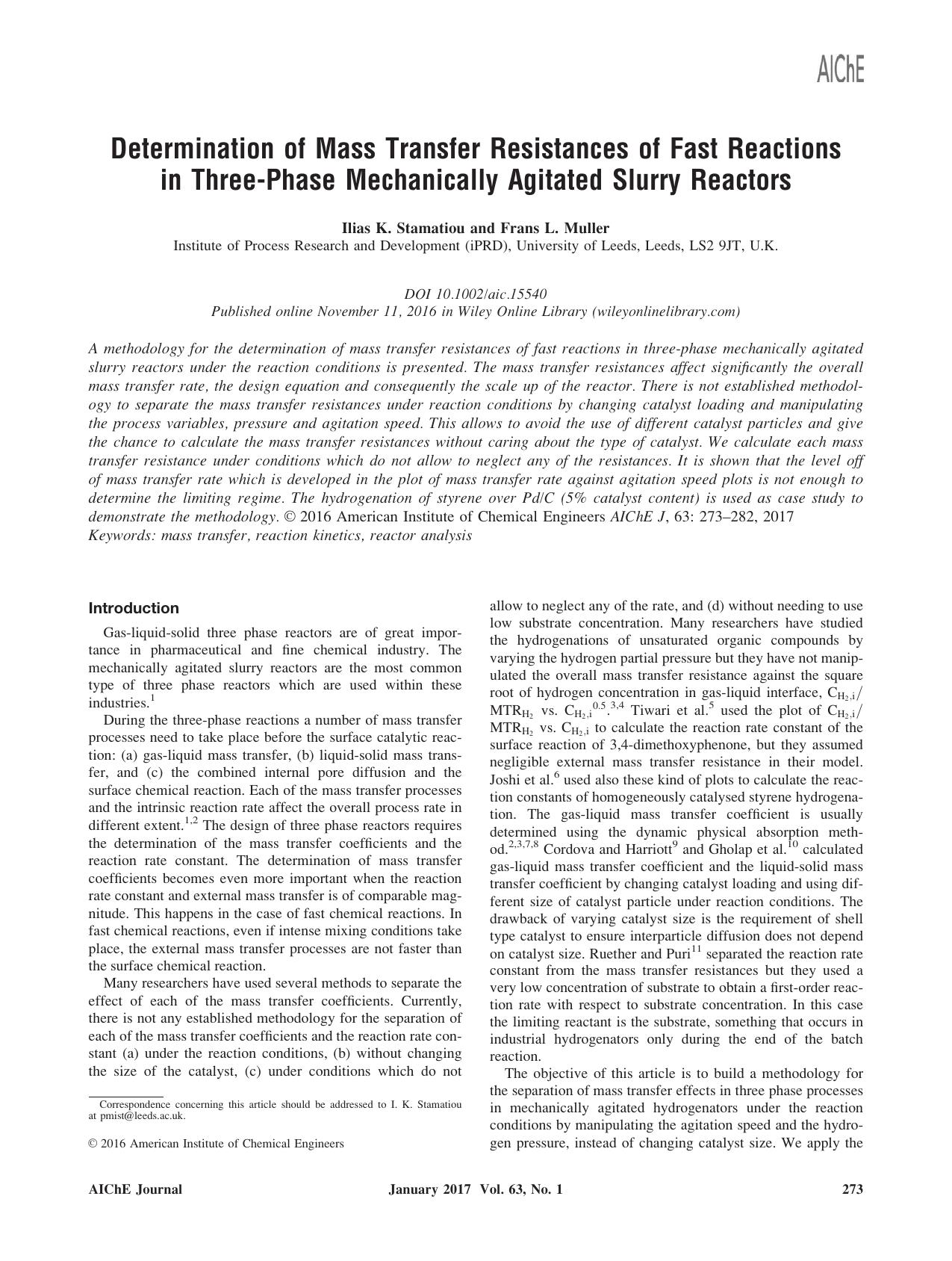 Determination of Mass Transfer Resistances of Fast Reactions in Three&#8208;Phase Mechanically Agitated Slurry Reactors by Unknown