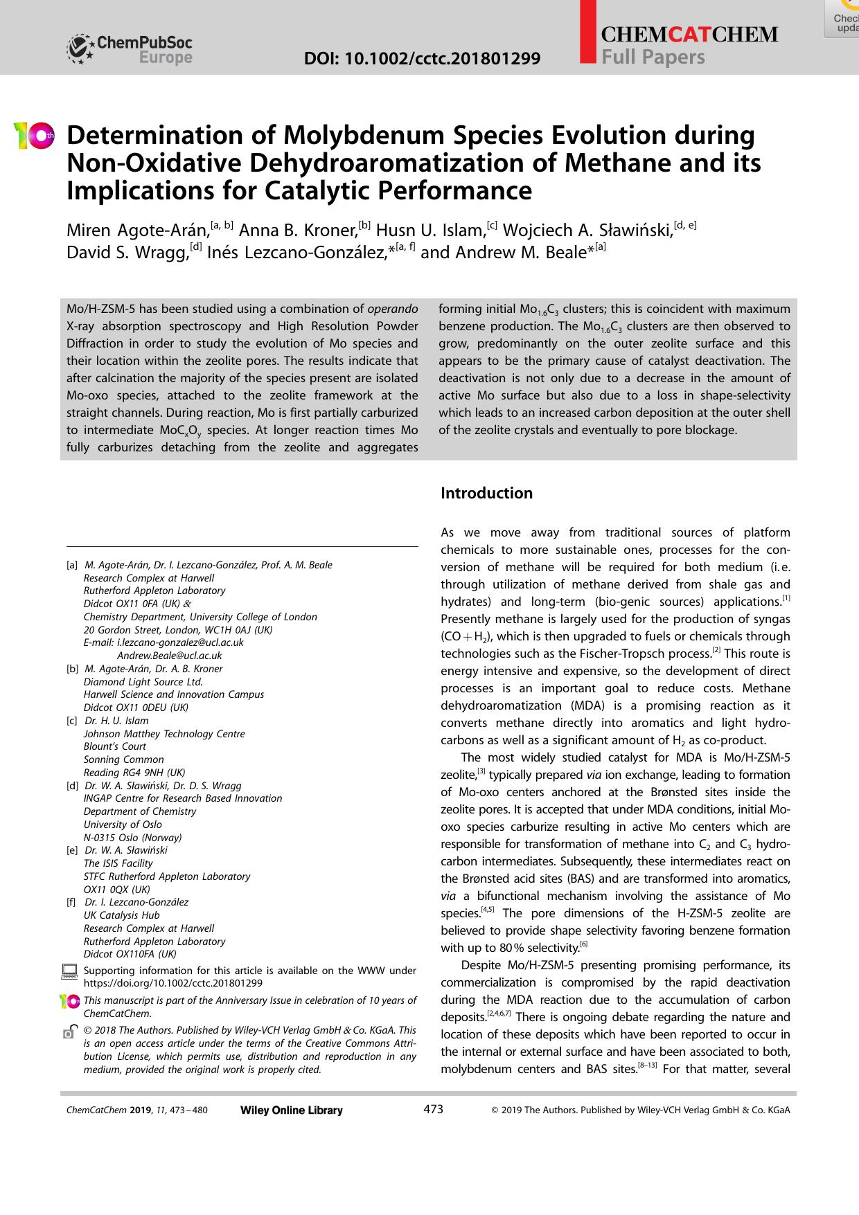 Determination of Molybdenum Species Evolution during NonâOxidative Dehydroaromatization of Methane and its Implications for Catalytic Performance by Unknown