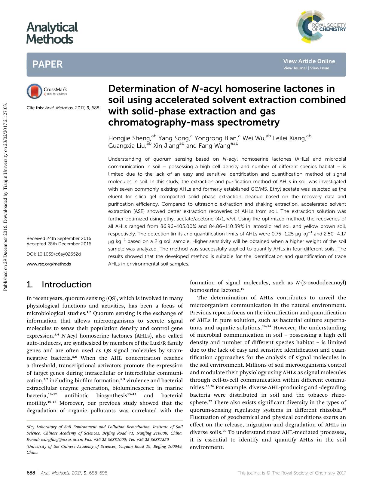 Determination of N-acyl homoserine lactones in soil using accelerated solvent extraction combined with solid-phase extraction and gas chromatography-mass spectrometry by unknow