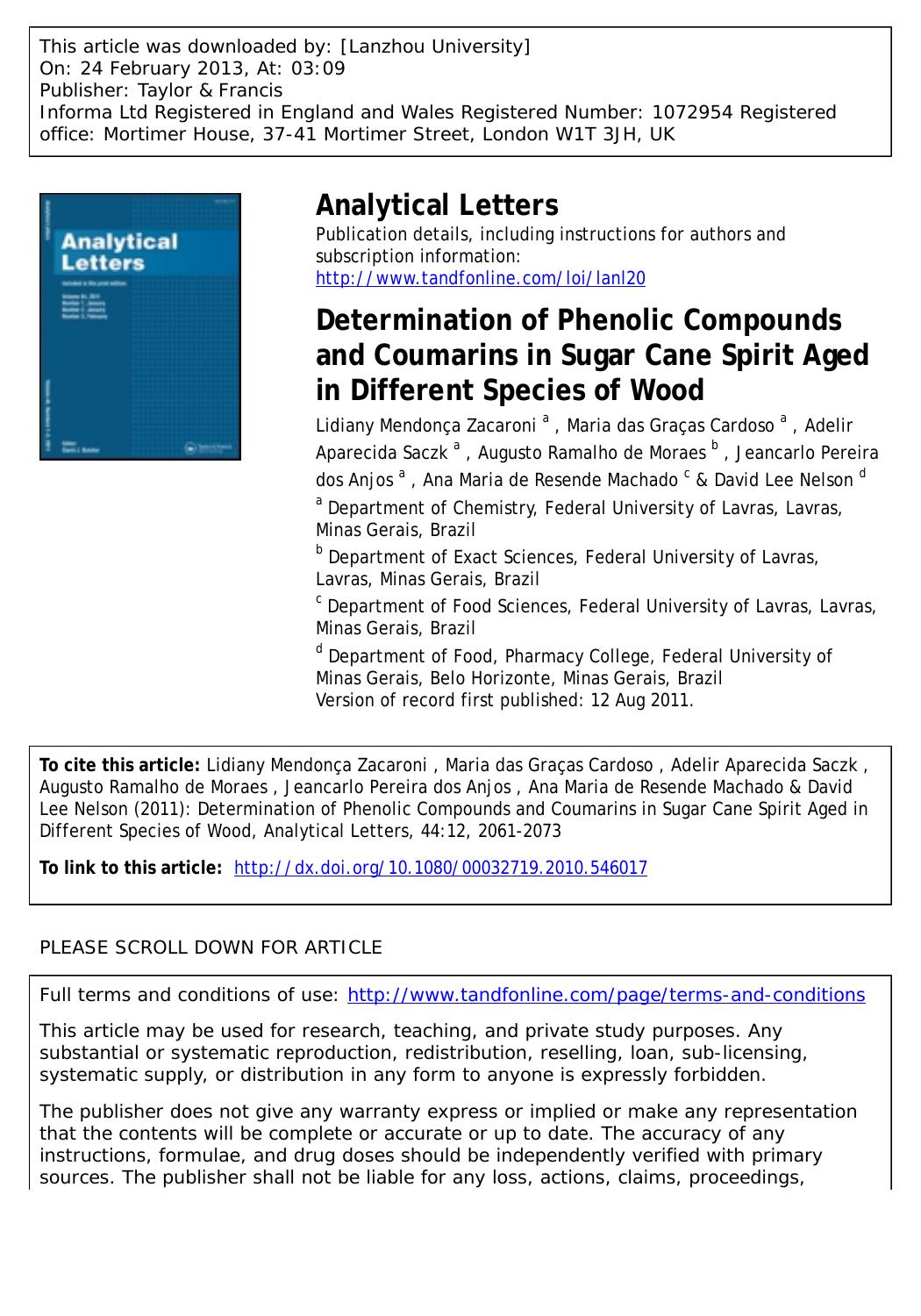 Determination of Phenolic Compounds and Coumarins in Sugar Cane Spirit Aged in Different Species of Wood by unknow