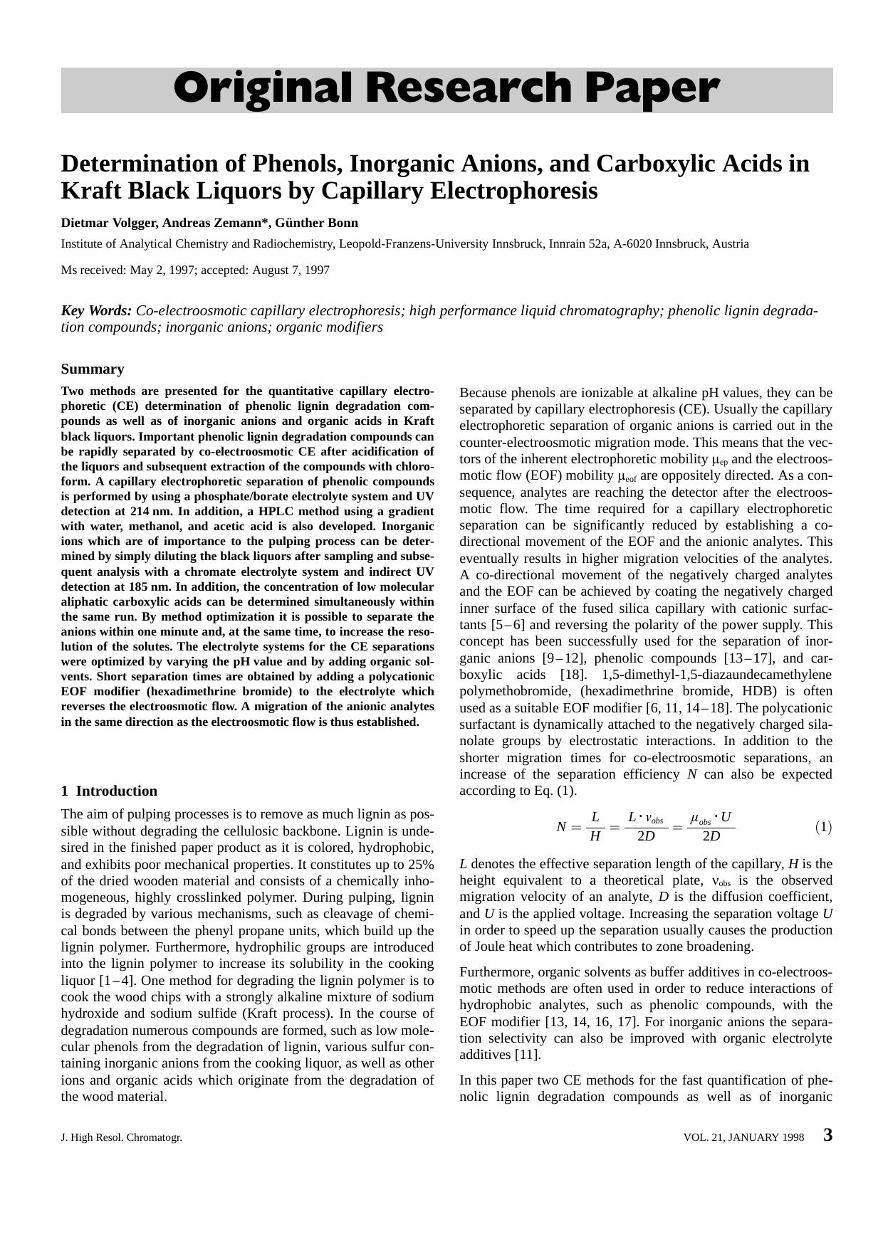 Determination of Phenols, Inorganic Anions, and Carboxylic Acids in Kraft Black Liquors by Capillary Electrophoresis by Unknown