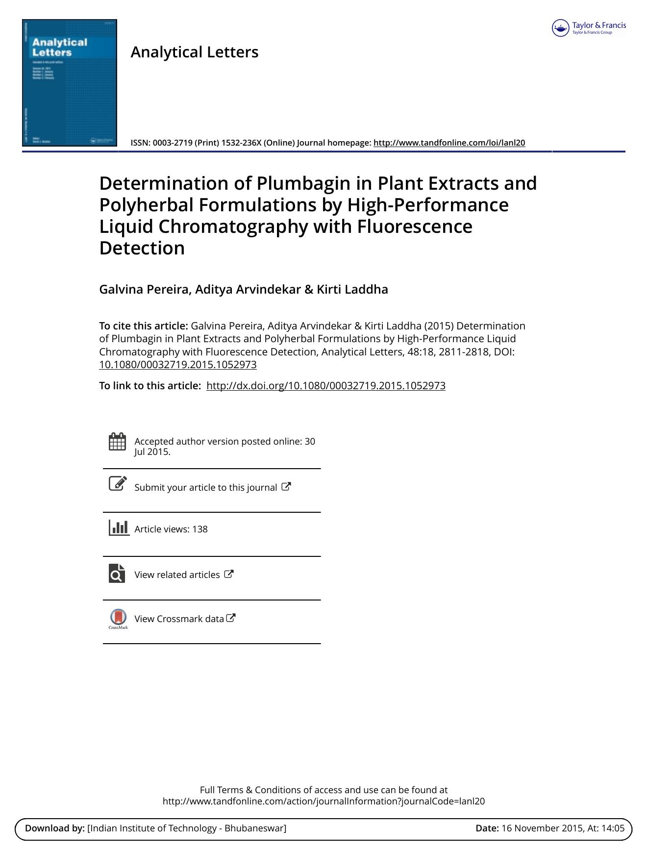 Determination of Plumbagin in Plant Extracts and Polyherbal Formulations by High-Performance Liquid Chromatography with Fluorescence Detection by Galvina Pereira