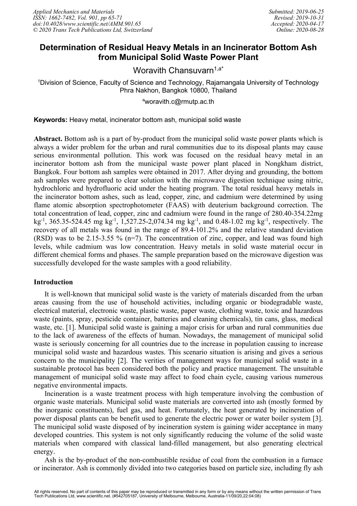 Determination of Residual Heavy Metals in an Incinerator Bottom Ash from Municipal Solid Waste Power Plant by Woravith Chansuvarn