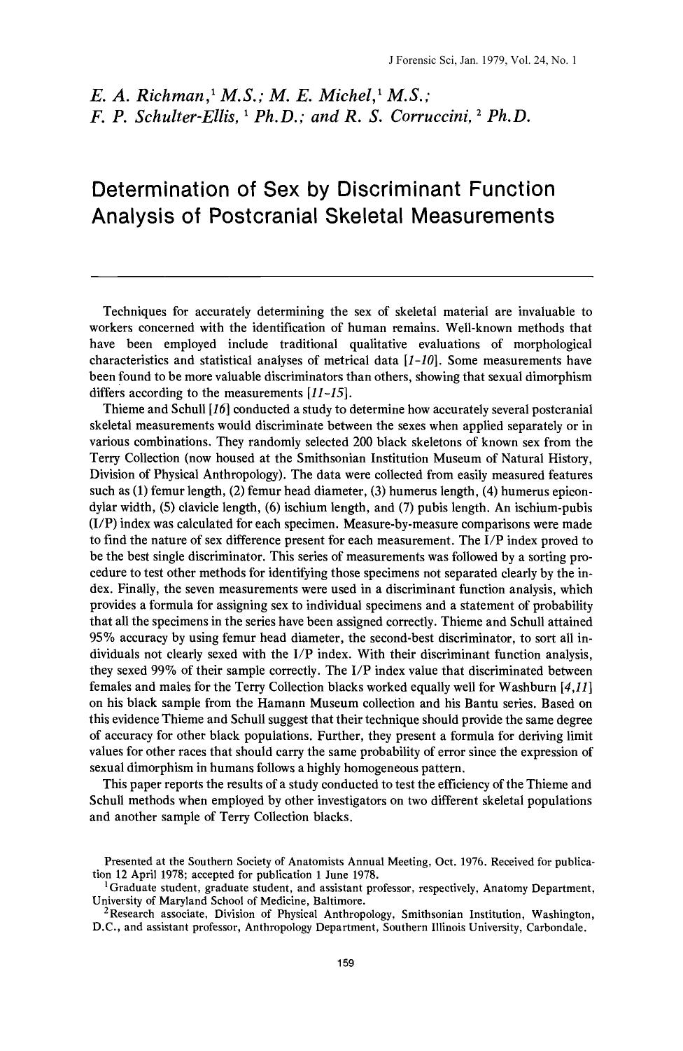 Determination of Sex by Discriminant Function Analysis of Postcranial Skeletal Measurements by Richman EA Michel ME Schulter-Ellis FP Corruccini RS