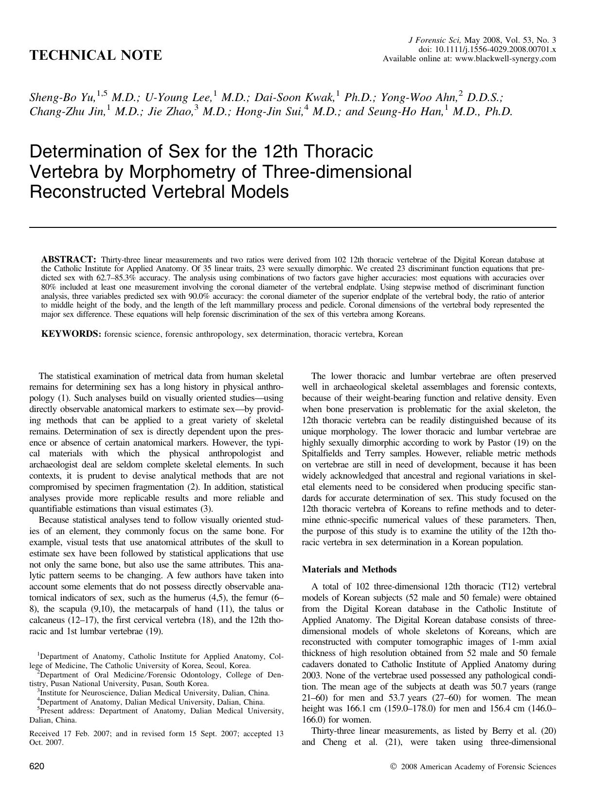Determination of Sex for the 12th Thoracic Vertebra by Morphometry of Three-dimensional Reconstructed Vertebral Models by Unknown