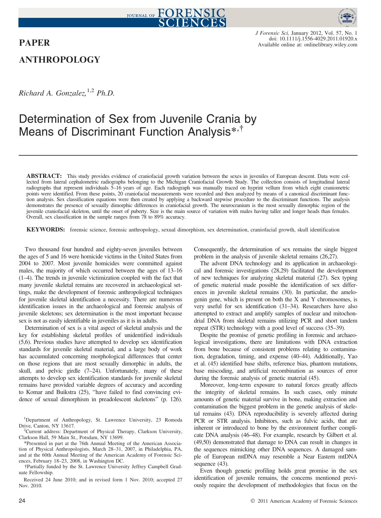Determination of Sex from Juvenile Crania by Means of Discriminant Function Analysis, by Unknown